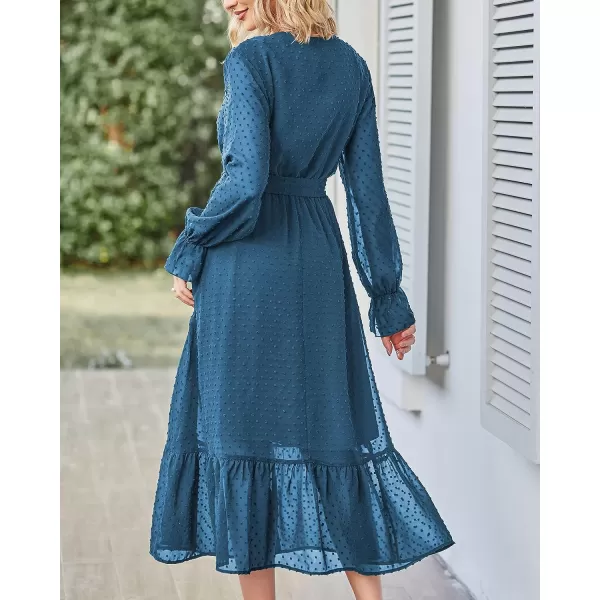 imageBTFBM Womens Casual Party Summer Fall Dresses 2023 Long Sleeve Wrap V Neck Swiss Dot Swing ALine Maxi Dress with BeltSwiss Dot Lake Blue