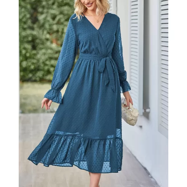 imageBTFBM Womens Casual Party Summer Fall Dresses 2023 Long Sleeve Wrap V Neck Swiss Dot Swing ALine Maxi Dress with BeltSwiss Dot Lake Blue