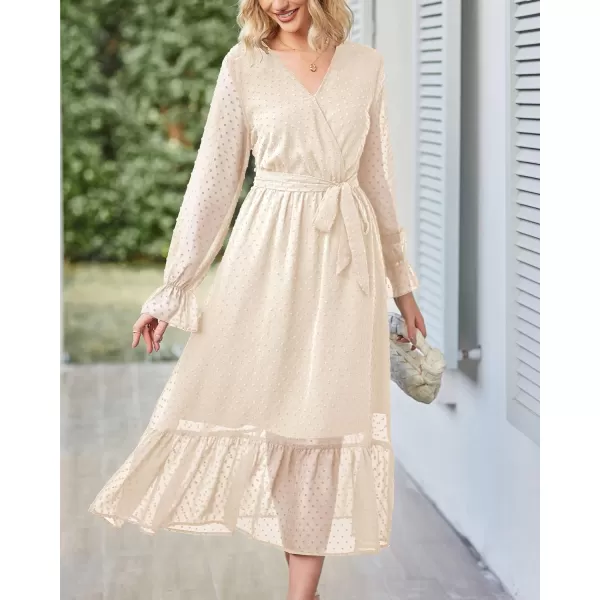 imageBTFBM Womens Casual Party Summer Fall Dresses 2023 Long Sleeve Wrap V Neck Swiss Dot Swing ALine Maxi Dress with BeltSwiss Dot Light Apricot
