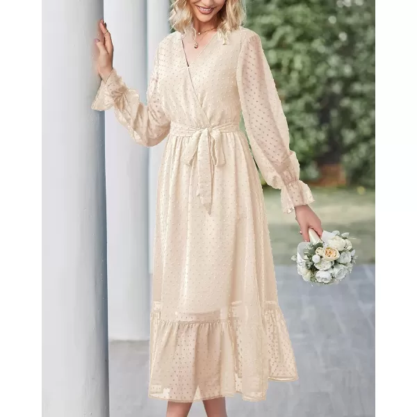 imageBTFBM Womens Casual Party Summer Fall Dresses 2023 Long Sleeve Wrap V Neck Swiss Dot Swing ALine Maxi Dress with BeltSwiss Dot Light Apricot