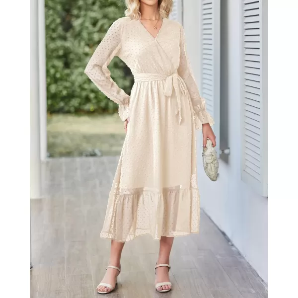 imageBTFBM Womens Casual Party Summer Fall Dresses 2023 Long Sleeve Wrap V Neck Swiss Dot Swing ALine Maxi Dress with BeltSwiss Dot Light Apricot