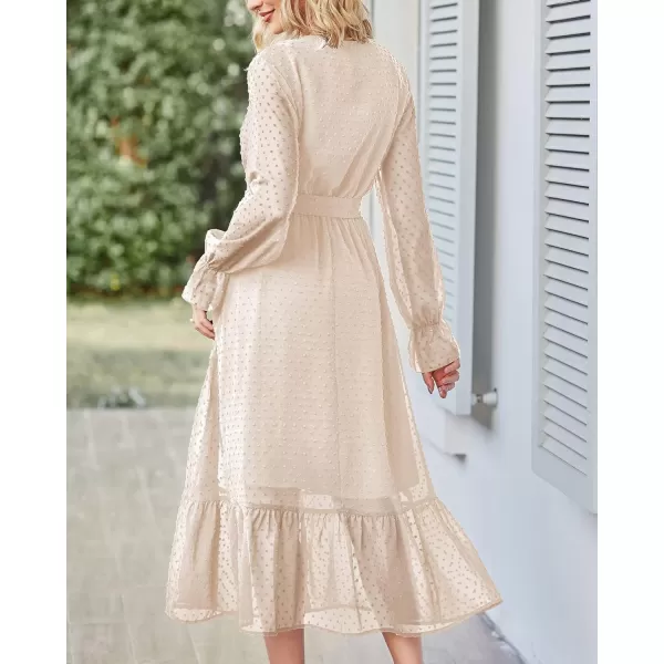 imageBTFBM Womens Casual Party Summer Fall Dresses 2023 Long Sleeve Wrap V Neck Swiss Dot Swing ALine Maxi Dress with BeltSwiss Dot Light Apricot