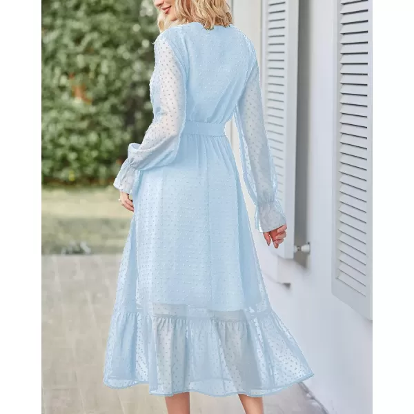 imageBTFBM Womens Casual Party Summer Fall Dresses 2023 Long Sleeve Wrap V Neck Swiss Dot Swing ALine Maxi Dress with BeltSwiss Dot Light Blue