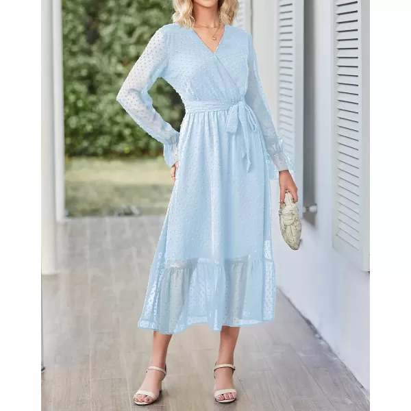 imageBTFBM Womens Casual Party Summer Fall Dresses 2023 Long Sleeve Wrap V Neck Swiss Dot Swing ALine Maxi Dress with BeltSwiss Dot Light Blue
