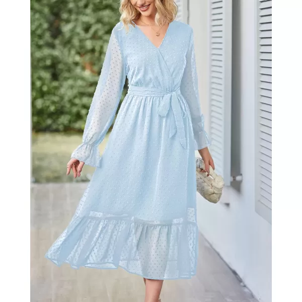 imageBTFBM Womens Casual Party Summer Fall Dresses 2023 Long Sleeve Wrap V Neck Swiss Dot Swing ALine Maxi Dress with BeltSwiss Dot Light Blue