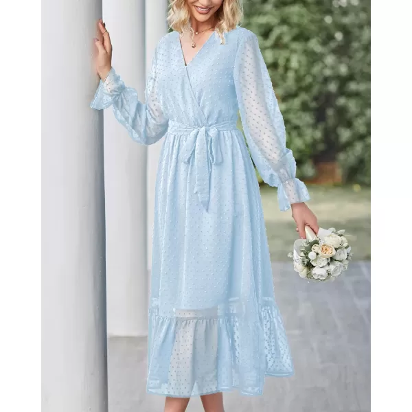 imageBTFBM Womens Casual Party Summer Fall Dresses 2023 Long Sleeve Wrap V Neck Swiss Dot Swing ALine Maxi Dress with BeltSwiss Dot Light Blue