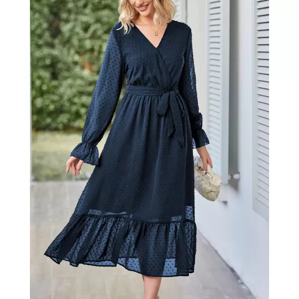 imageBTFBM Womens Casual Party Summer Fall Dresses 2023 Long Sleeve Wrap V Neck Swiss Dot Swing ALine Maxi Dress with BeltSwiss Dot Navy