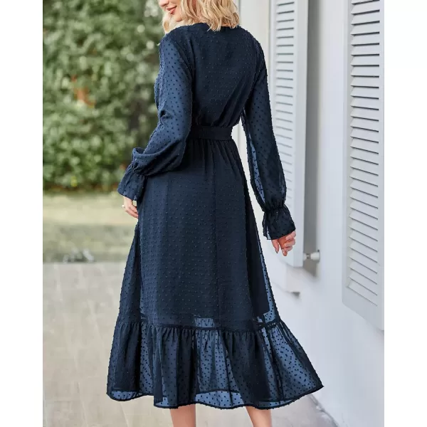 imageBTFBM Womens Casual Party Summer Fall Dresses 2023 Long Sleeve Wrap V Neck Swiss Dot Swing ALine Maxi Dress with BeltSwiss Dot Navy