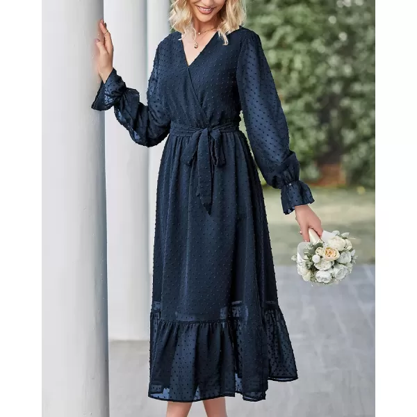 imageBTFBM Womens Casual Party Summer Fall Dresses 2023 Long Sleeve Wrap V Neck Swiss Dot Swing ALine Maxi Dress with BeltSwiss Dot Navy