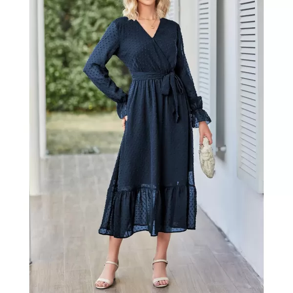 imageBTFBM Womens Casual Party Summer Fall Dresses 2023 Long Sleeve Wrap V Neck Swiss Dot Swing ALine Maxi Dress with BeltSwiss Dot Navy