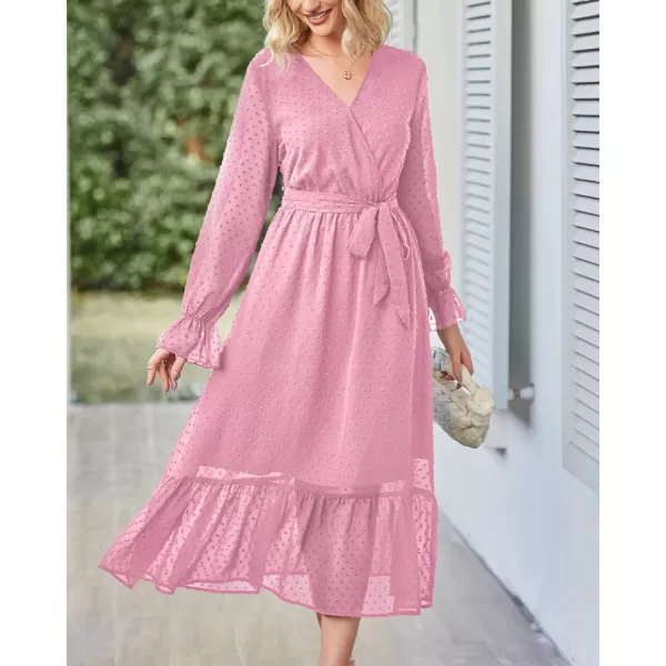 imageBTFBM Womens Casual Party Summer Fall Dresses 2023 Long Sleeve Wrap V Neck Swiss Dot Swing ALine Maxi Dress with BeltSwiss Dot Rose Pink
