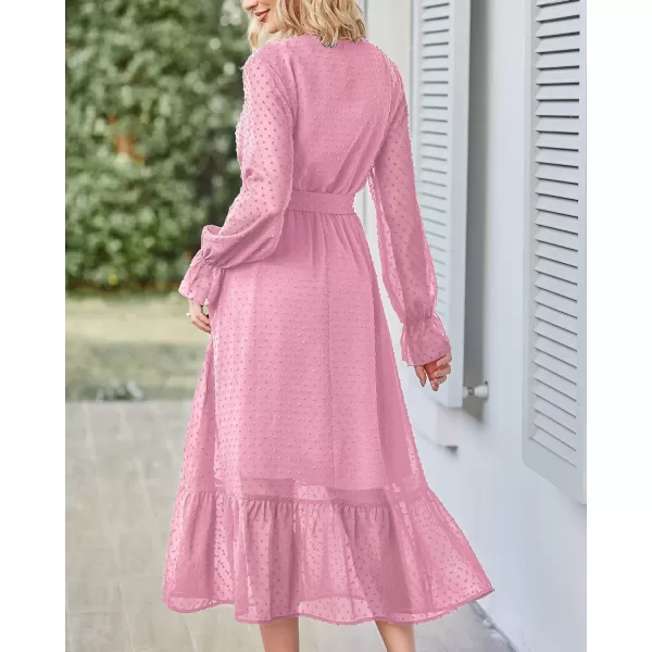 imageBTFBM Womens Casual Party Summer Fall Dresses 2023 Long Sleeve Wrap V Neck Swiss Dot Swing ALine Maxi Dress with BeltSwiss Dot Rose Pink