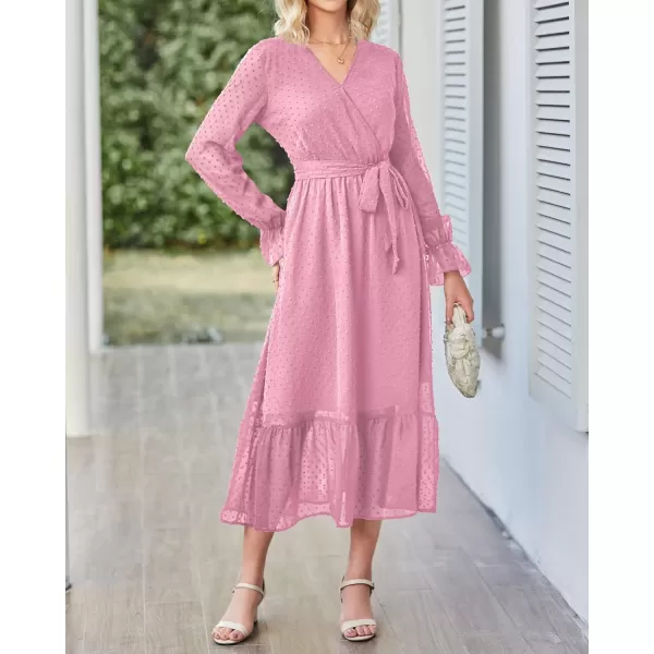 imageBTFBM Womens Casual Party Summer Fall Dresses 2023 Long Sleeve Wrap V Neck Swiss Dot Swing ALine Maxi Dress with BeltSwiss Dot Rose Pink