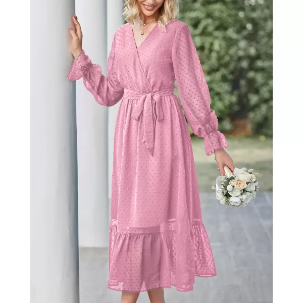 imageBTFBM Womens Casual Party Summer Fall Dresses 2023 Long Sleeve Wrap V Neck Swiss Dot Swing ALine Maxi Dress with BeltSwiss Dot Rose Pink