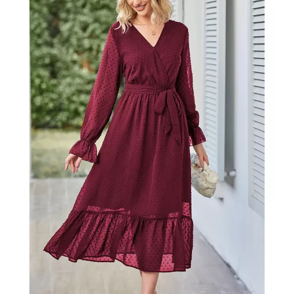 imageBTFBM Womens Casual Party Summer Fall Dresses 2023 Long Sleeve Wrap V Neck Swiss Dot Swing ALine Maxi Dress with BeltSwiss Dot Wine Red