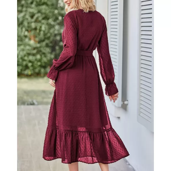 imageBTFBM Womens Casual Party Summer Fall Dresses 2023 Long Sleeve Wrap V Neck Swiss Dot Swing ALine Maxi Dress with BeltSwiss Dot Wine Red