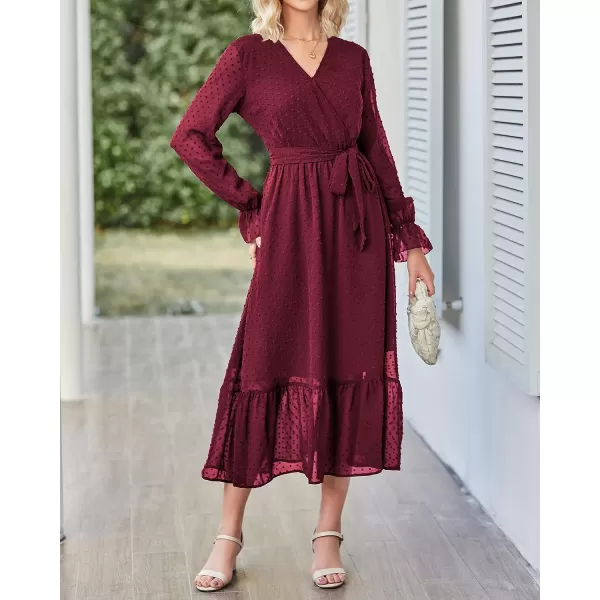 imageBTFBM Womens Casual Party Summer Fall Dresses 2023 Long Sleeve Wrap V Neck Swiss Dot Swing ALine Maxi Dress with BeltSwiss Dot Wine Red