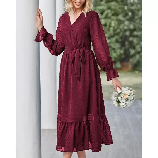 imageBTFBM Womens Casual Party Summer Fall Dresses 2023 Long Sleeve Wrap V Neck Swiss Dot Swing ALine Maxi Dress with BeltSwiss Dot Wine Red