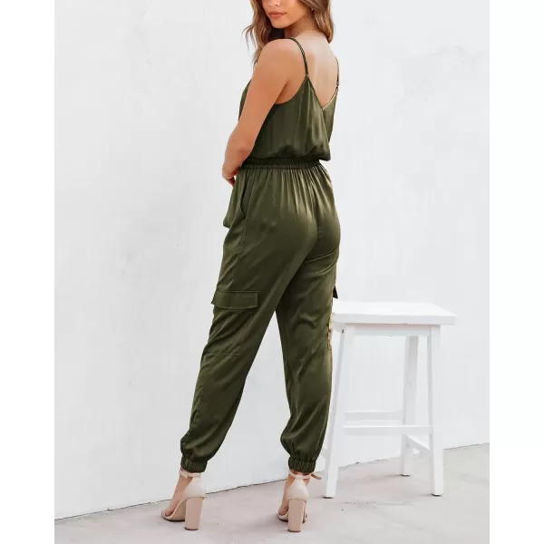 imageBTFBM Womens Casual Sleeveless Adjustable Spaghetti Strap Jumpsuits Summer One Piece Outfits Satin Long Pants RompersSolid Army Green