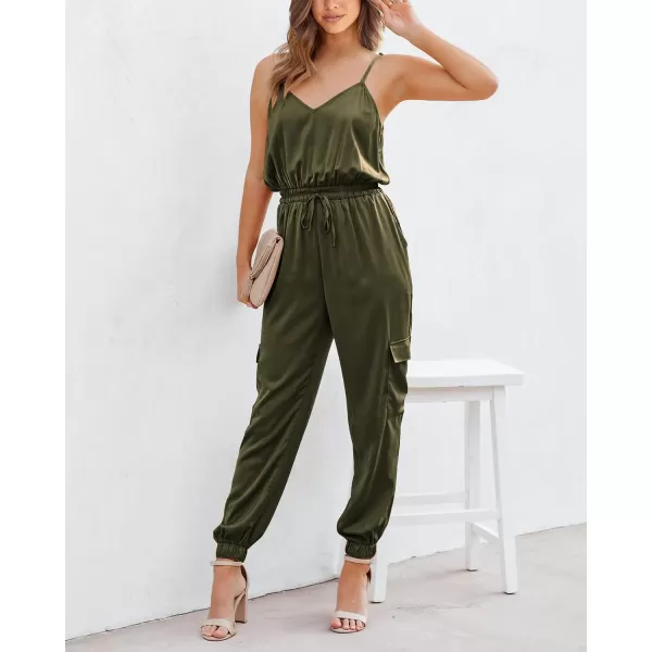 imageBTFBM Womens Casual Sleeveless Adjustable Spaghetti Strap Jumpsuits Summer One Piece Outfits Satin Long Pants RompersSolid Army Green