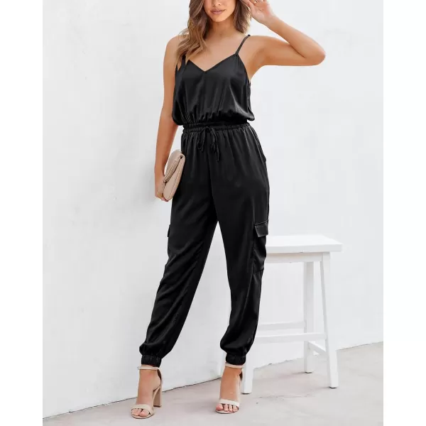 imageBTFBM Womens Casual Sleeveless Adjustable Spaghetti Strap Jumpsuits Summer One Piece Outfits Satin Long Pants RompersSolid Black