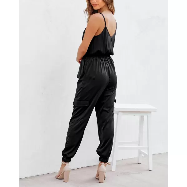 imageBTFBM Womens Casual Sleeveless Adjustable Spaghetti Strap Jumpsuits Summer One Piece Outfits Satin Long Pants RompersSolid Black