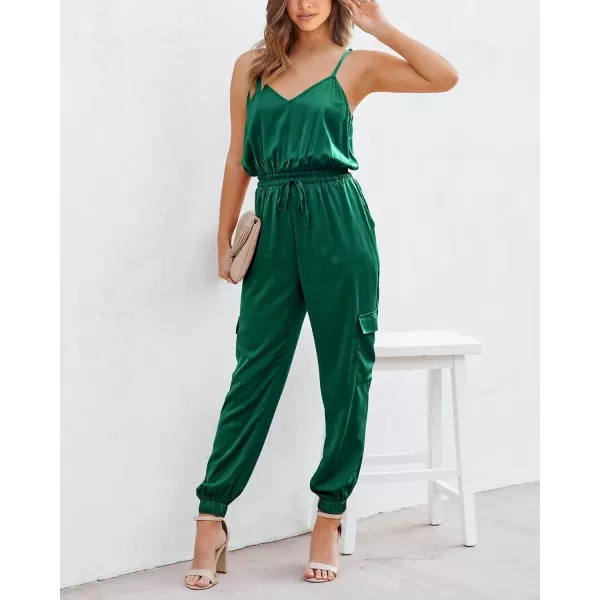 imageBTFBM Womens Casual Sleeveless Adjustable Spaghetti Strap Jumpsuits Summer One Piece Outfits Satin Long Pants RompersSolid Dark Green