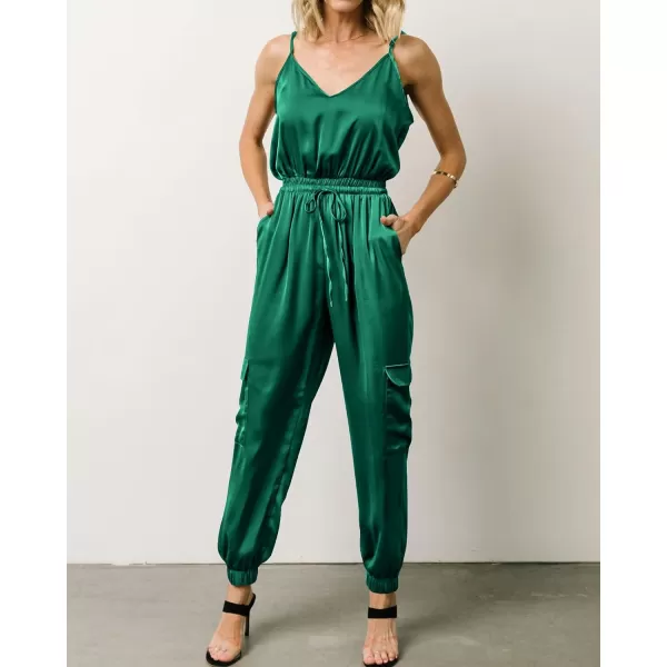 imageBTFBM Womens Casual Sleeveless Adjustable Spaghetti Strap Jumpsuits Summer One Piece Outfits Satin Long Pants RompersSolid Dark Green