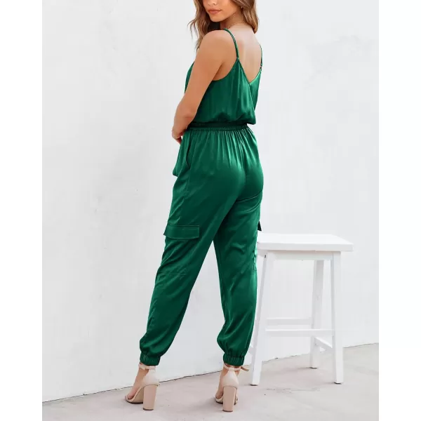 imageBTFBM Womens Casual Sleeveless Adjustable Spaghetti Strap Jumpsuits Summer One Piece Outfits Satin Long Pants RompersSolid Dark Green