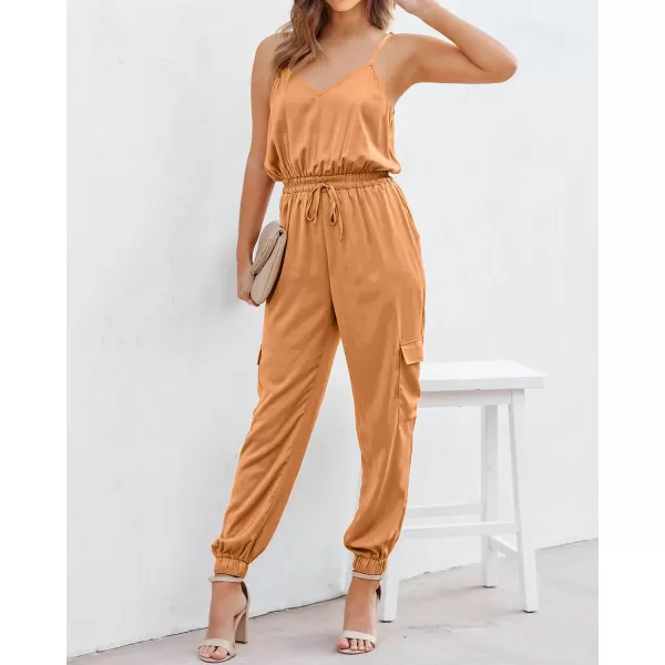 imageBTFBM Womens Casual Sleeveless Adjustable Spaghetti Strap Jumpsuits Summer One Piece Outfits Satin Long Pants RompersSolid Orange