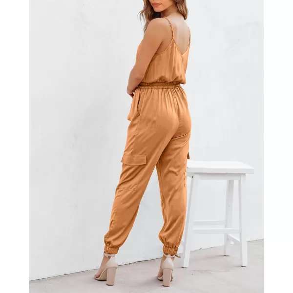 imageBTFBM Womens Casual Sleeveless Adjustable Spaghetti Strap Jumpsuits Summer One Piece Outfits Satin Long Pants RompersSolid Orange