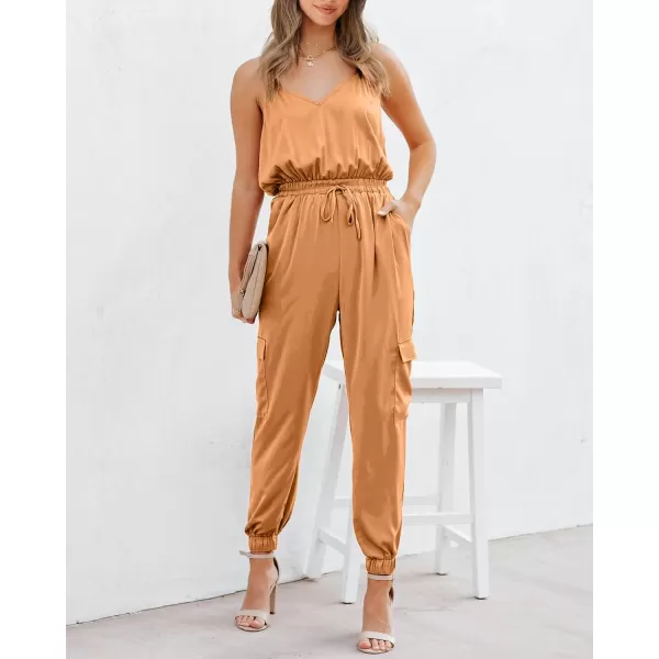 imageBTFBM Womens Casual Sleeveless Adjustable Spaghetti Strap Jumpsuits Summer One Piece Outfits Satin Long Pants RompersSolid Orange