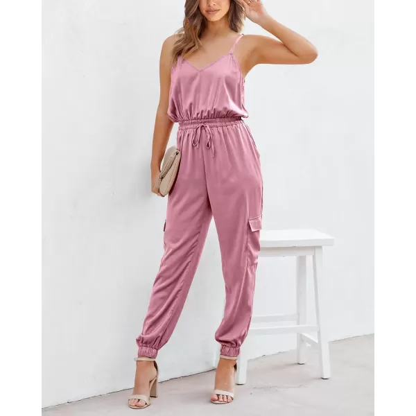 imageBTFBM Womens Casual Sleeveless Adjustable Spaghetti Strap Jumpsuits Summer One Piece Outfits Satin Long Pants RompersSolid Pink