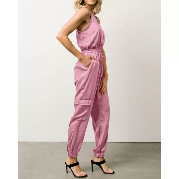 imageBTFBM Womens Casual Sleeveless Adjustable Spaghetti Strap Jumpsuits Summer One Piece Outfits Satin Long Pants RompersSolid Pink