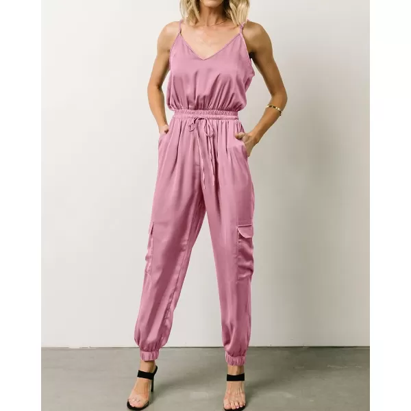 imageBTFBM Womens Casual Sleeveless Adjustable Spaghetti Strap Jumpsuits Summer One Piece Outfits Satin Long Pants RompersSolid Pink