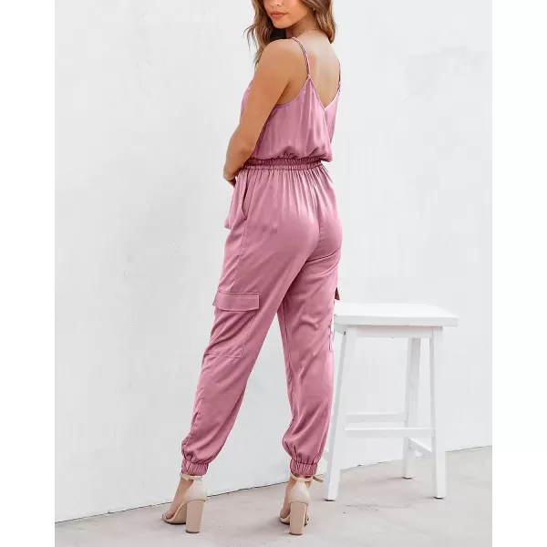 imageBTFBM Womens Casual Sleeveless Adjustable Spaghetti Strap Jumpsuits Summer One Piece Outfits Satin Long Pants RompersSolid Pink