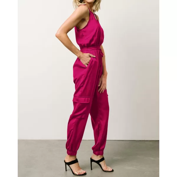 imageBTFBM Womens Casual Sleeveless Adjustable Spaghetti Strap Jumpsuits Summer One Piece Outfits Satin Long Pants RompersSolid Rose Red