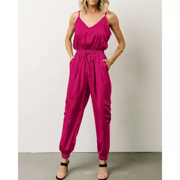 imageBTFBM Womens Casual Sleeveless Adjustable Spaghetti Strap Jumpsuits Summer One Piece Outfits Satin Long Pants RompersSolid Rose Red