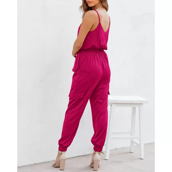 imageBTFBM Womens Casual Sleeveless Adjustable Spaghetti Strap Jumpsuits Summer One Piece Outfits Satin Long Pants RompersSolid Rose Red