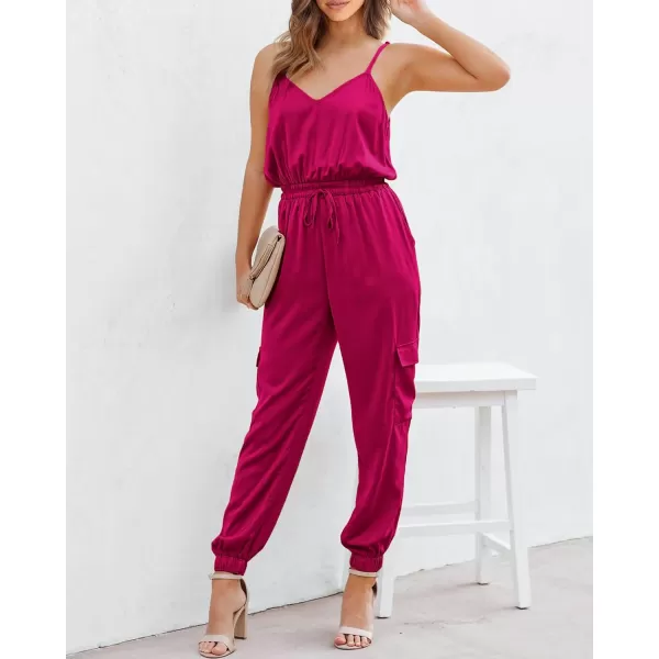imageBTFBM Womens Casual Sleeveless Adjustable Spaghetti Strap Jumpsuits Summer One Piece Outfits Satin Long Pants RompersSolid Rose Red