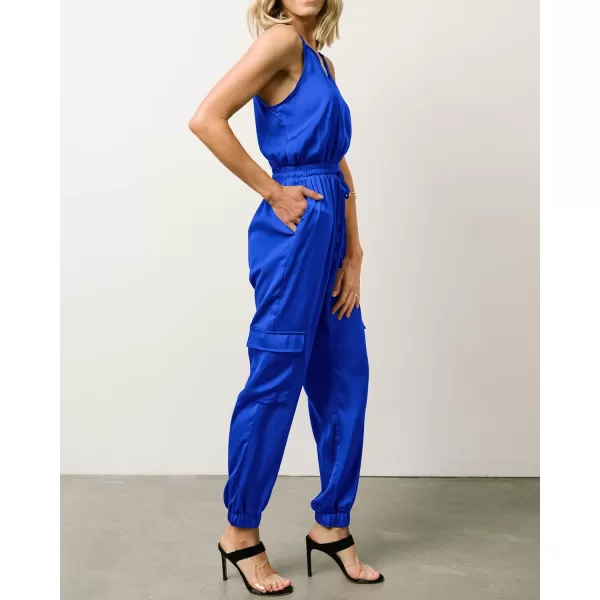 imageBTFBM Womens Casual Sleeveless Adjustable Spaghetti Strap Jumpsuits Summer One Piece Outfits Satin Long Pants RompersSolid Royal Blue