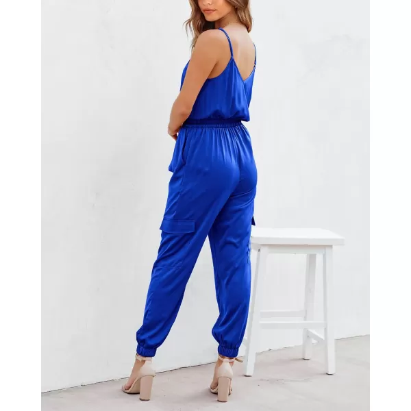imageBTFBM Womens Casual Sleeveless Adjustable Spaghetti Strap Jumpsuits Summer One Piece Outfits Satin Long Pants RompersSolid Royal Blue