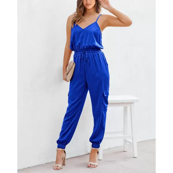 imageBTFBM Womens Casual Sleeveless Adjustable Spaghetti Strap Jumpsuits Summer One Piece Outfits Satin Long Pants RompersSolid Royal Blue