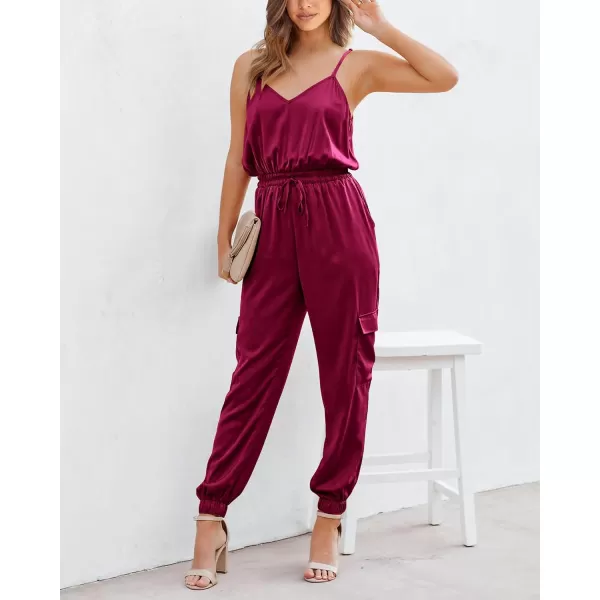 imageBTFBM Womens Casual Sleeveless Adjustable Spaghetti Strap Jumpsuits Summer One Piece Outfits Satin Long Pants RompersSolid Wine Red