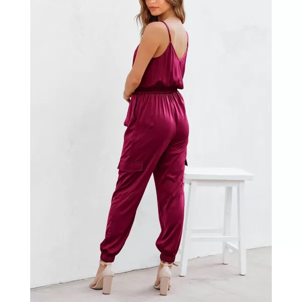 imageBTFBM Womens Casual Sleeveless Adjustable Spaghetti Strap Jumpsuits Summer One Piece Outfits Satin Long Pants RompersSolid Wine Red