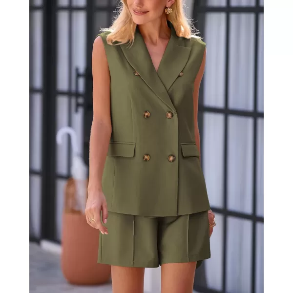 imageBTFBM Womens Casual Sleeveless Blazer Vest Shorts Sets Notched Lapel Double Breasted Office Two Piece Matching OutfitsSolid Army Green