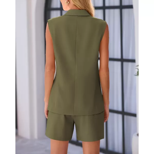 imageBTFBM Womens Casual Sleeveless Blazer Vest Shorts Sets Notched Lapel Double Breasted Office Two Piece Matching OutfitsSolid Army Green