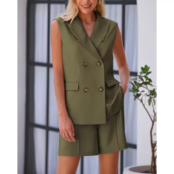 imageBTFBM Womens Casual Sleeveless Blazer Vest Shorts Sets Notched Lapel Double Breasted Office Two Piece Matching OutfitsSolid Army Green