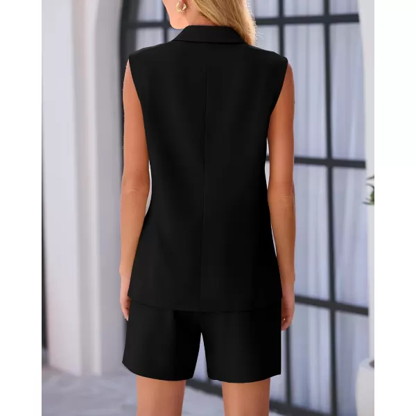 imageBTFBM Womens Casual Sleeveless Blazer Vest Shorts Sets Notched Lapel Double Breasted Office Two Piece Matching OutfitsSolid Black