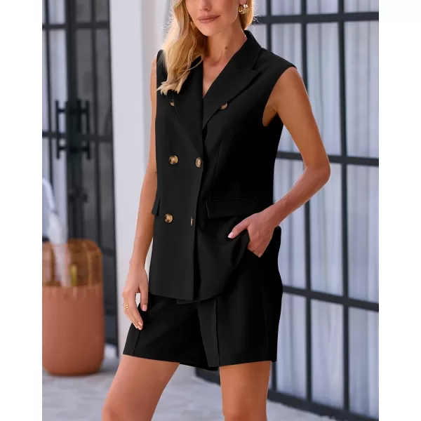imageBTFBM Womens Casual Sleeveless Blazer Vest Shorts Sets Notched Lapel Double Breasted Office Two Piece Matching OutfitsSolid Black